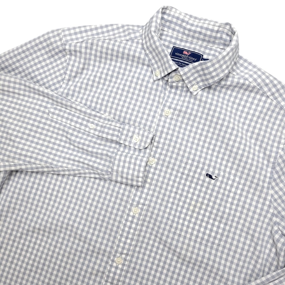 Vineyard Vines Tucker Shirt Mens L Blue Check Long Sleeve Button Up Stretch‎